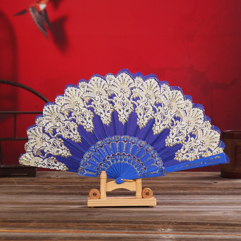 Exquisite Folding Fan Floral-Print Lace Silk Stamping Hand Held Fan For Wedding Dance Party Stage Performance Decoration: 06