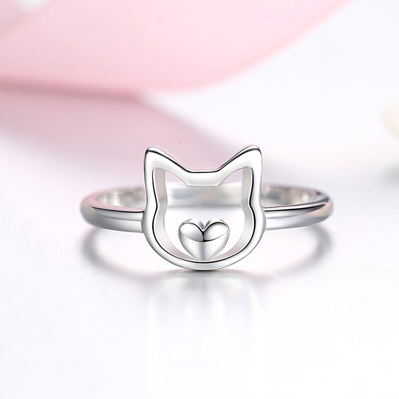 ELESHE Solido Puro 925 Sterling Silver Cute Cat Anelli di Barretta per Le Donne Delle Ragazze Piccolo Cuore Fascia Anelli di Gioielli In Argento 925 regalo del partito