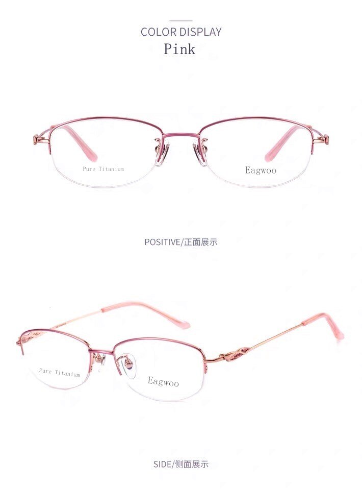 Ren titanium briller kvinder briller gyldne briller halv kant brille højkvalitets receptpligtige briller: Lyserød