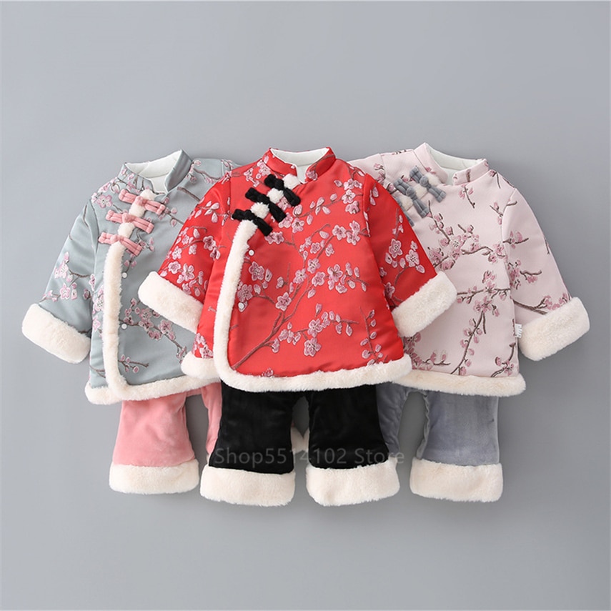 Nyfødt baby år tang jakkesæt kinesisk traditionel spædbarn cheongsam outfit pige etnisk hanfu fancy fe dans fløjl tøj