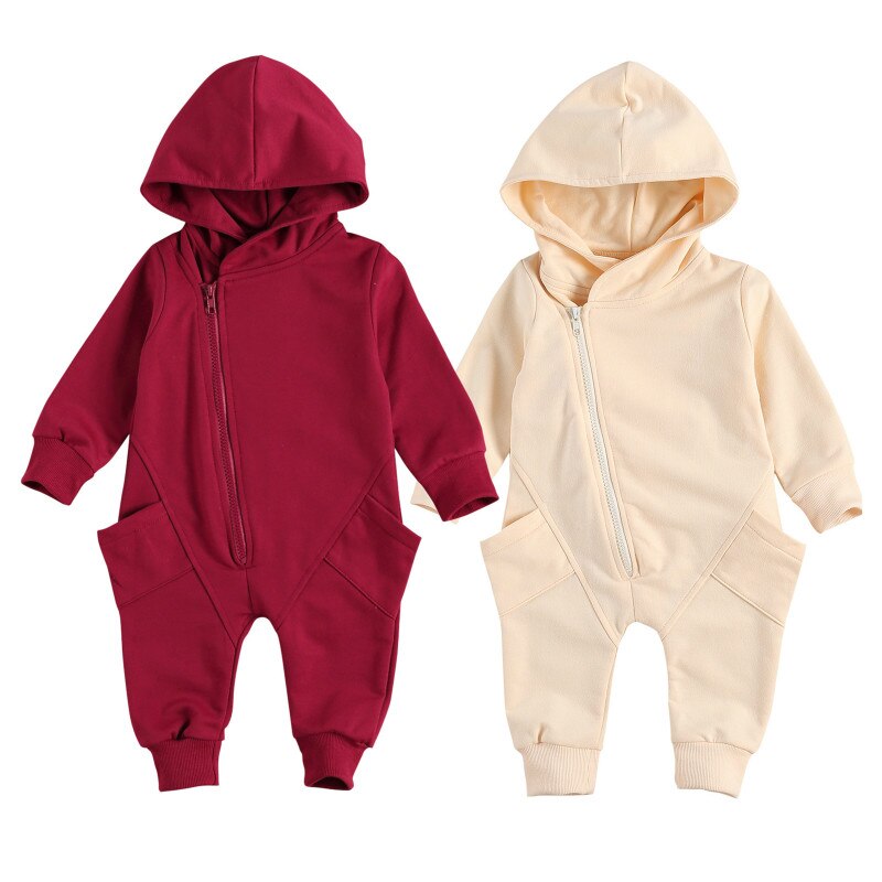 0-24M Pasgeboren Baby Jongen Meisje Effen Kleur Lange Mouw Grote Zak Rits Hooded Romper Jumpsuit Een Stukken herfst Kleding