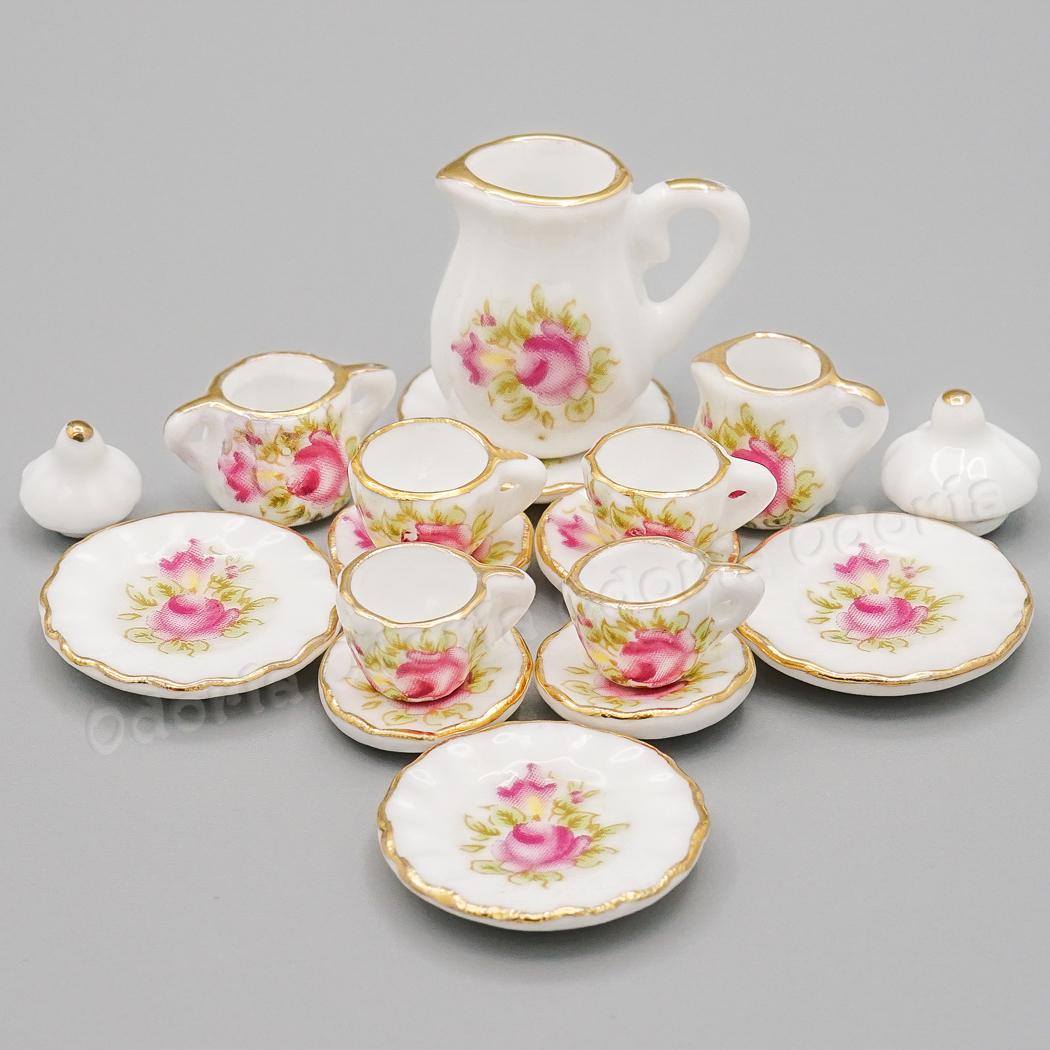 Odoria 1:12 miniaturowe 15 sztuk różowa róża perkal złote wykończenia zestaw filiżanek robić herbaty porcelanowe zastawy stołbyć winnym kuchnia akcesoria robić domku dla lalek wystrój