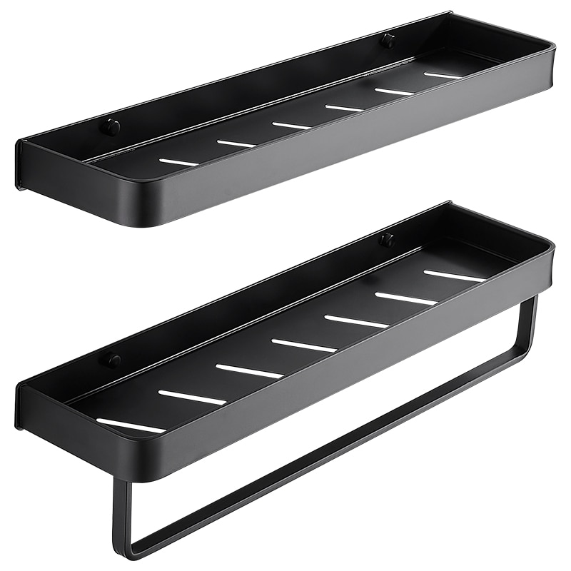 Bathroom Black Shelf with Towel Bar Space Aluminum Corner Shelves Towel Rack with Hook Shampoo Holder Kitchen Storage Rack
