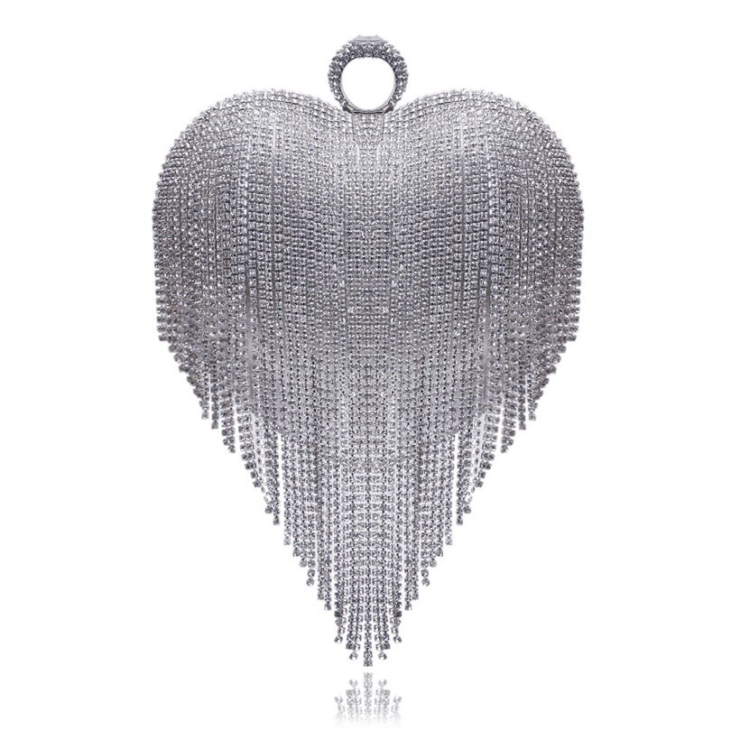 LIXUN Evening Bag - Minaudiere Shape - Diamond Tassel Ring Clutch - Chain Shoulder Party Handbag: Silver
