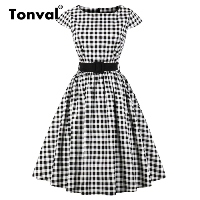 Tonval Retro Rockabilly Plaid Tunic Dress Women Cap Sleeve 50S Vintage Gingham Dress Summer Belted Cotton Dresses