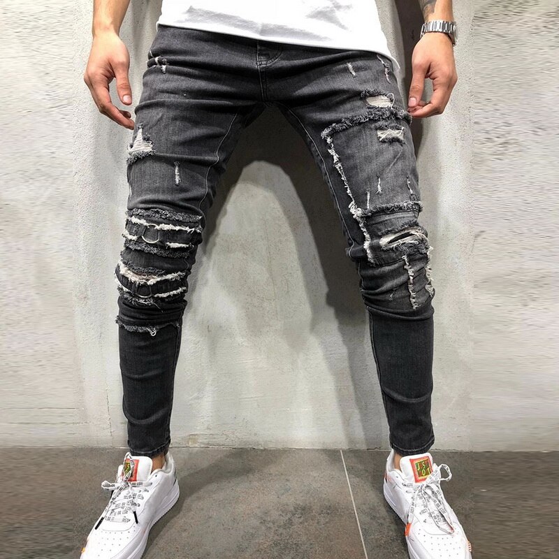 Nueva Slim Fit apretado agujero Vaqueros Hombre Vaqueros Skinny botón pantalones de pitillo vaqueros de talla grande otoño Pantalones Hombre