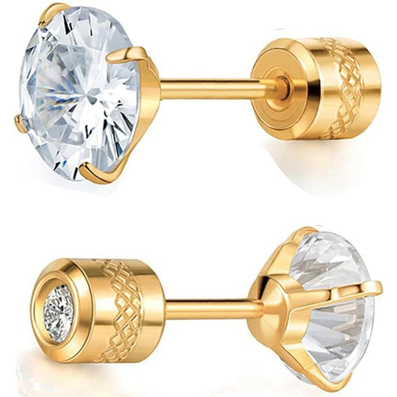 6mm CZ Screw Flat Back Earrings for Women Girls Hypoallergenic for Sensitive Ears Rainbow Cubic Zirconia Stud Earring