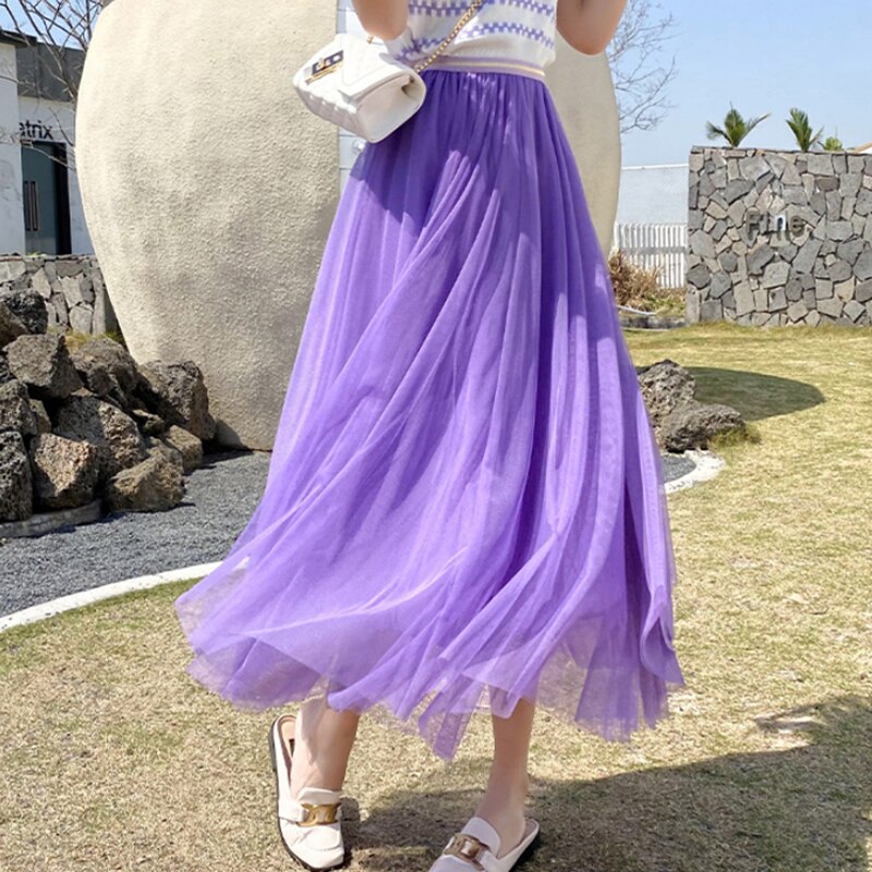 Spring Mesh Purple High Waist Skrit for Women 2022 Slim Fit Pleated Mid-length Skirt Female Faldas: Purple