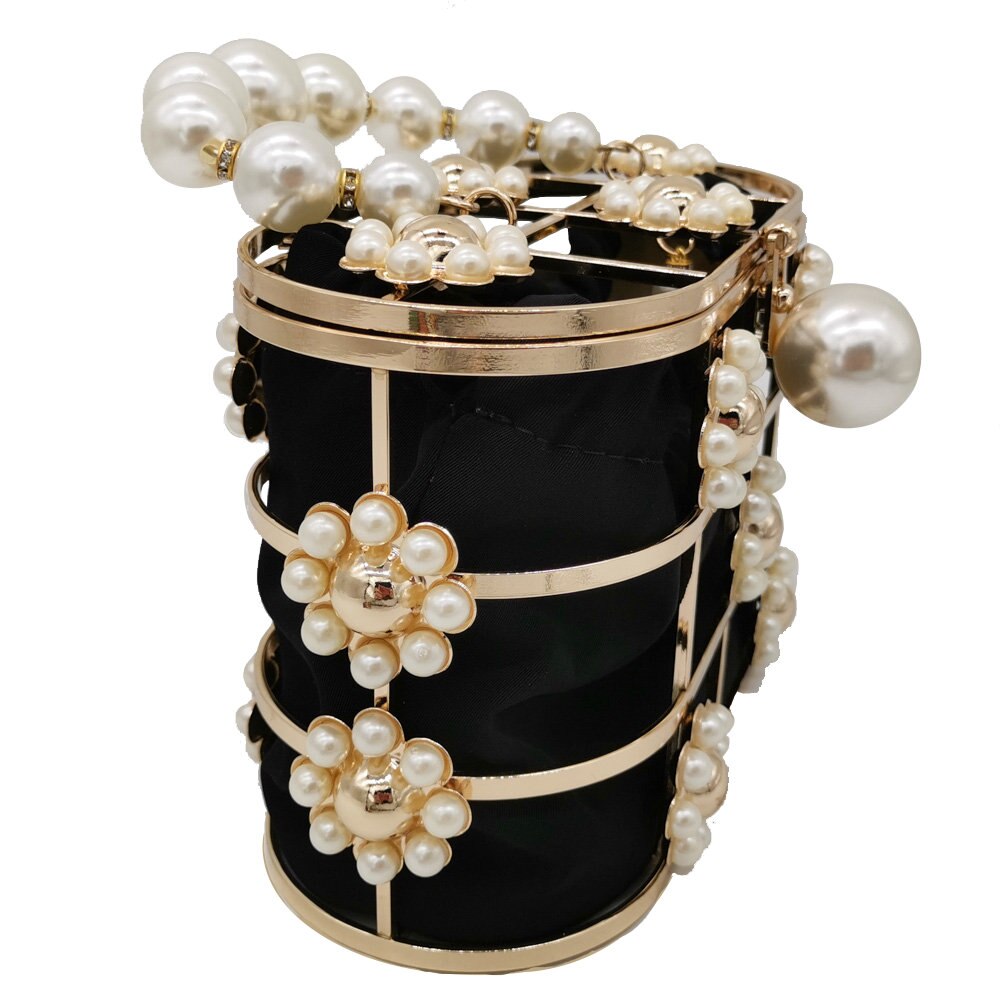 Boutique De FGG Pearl Top-Handle Black Bucket Women Flower Evening Bags Bridal Chain Shoulder Bag Wedding Purses and Handbags