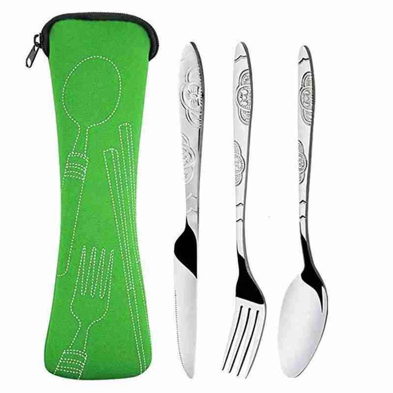 Cuchillos de acero con tenedor y cuchara para viaje familiar, conjunto de cubertería portátil con bolsa de almacenamiento, 4 Uds.