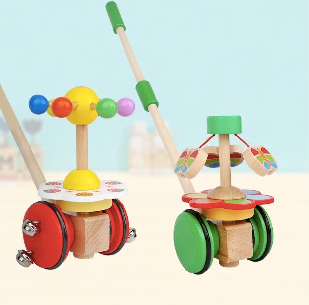 Marcheur en bois tige de poussée jouet dessin animé rotatif rouleau chariot apprentissage marche guide bois première étape voiture enfant en bas âge chariot bébé anniversaire