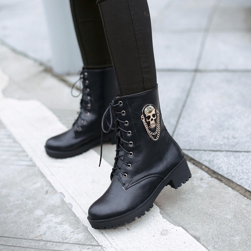 Morazora Enkellaarsjes Voor Vrouwen Schedel Street Lace Up Platform Vrouwen Laarzen Mode Dames Herfst Winter laarzen Schoen