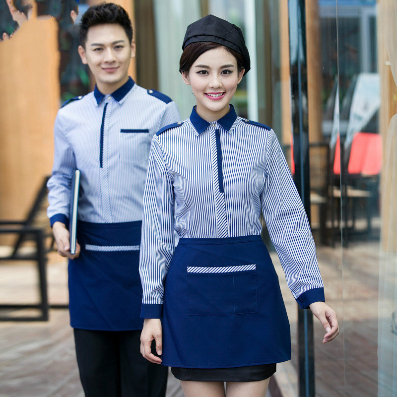Work Wear Long Sleeved Autumn Winter Waiter Uniforms for Women and Men 2 Pcs Top / Apron
