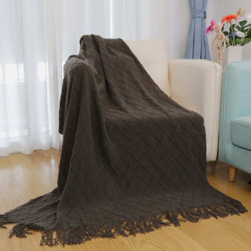 Strikket rejsetæppe grå gul sort grå sofa tæppe kvaster air condition tæppe diamant bomuld: Kaffe-l