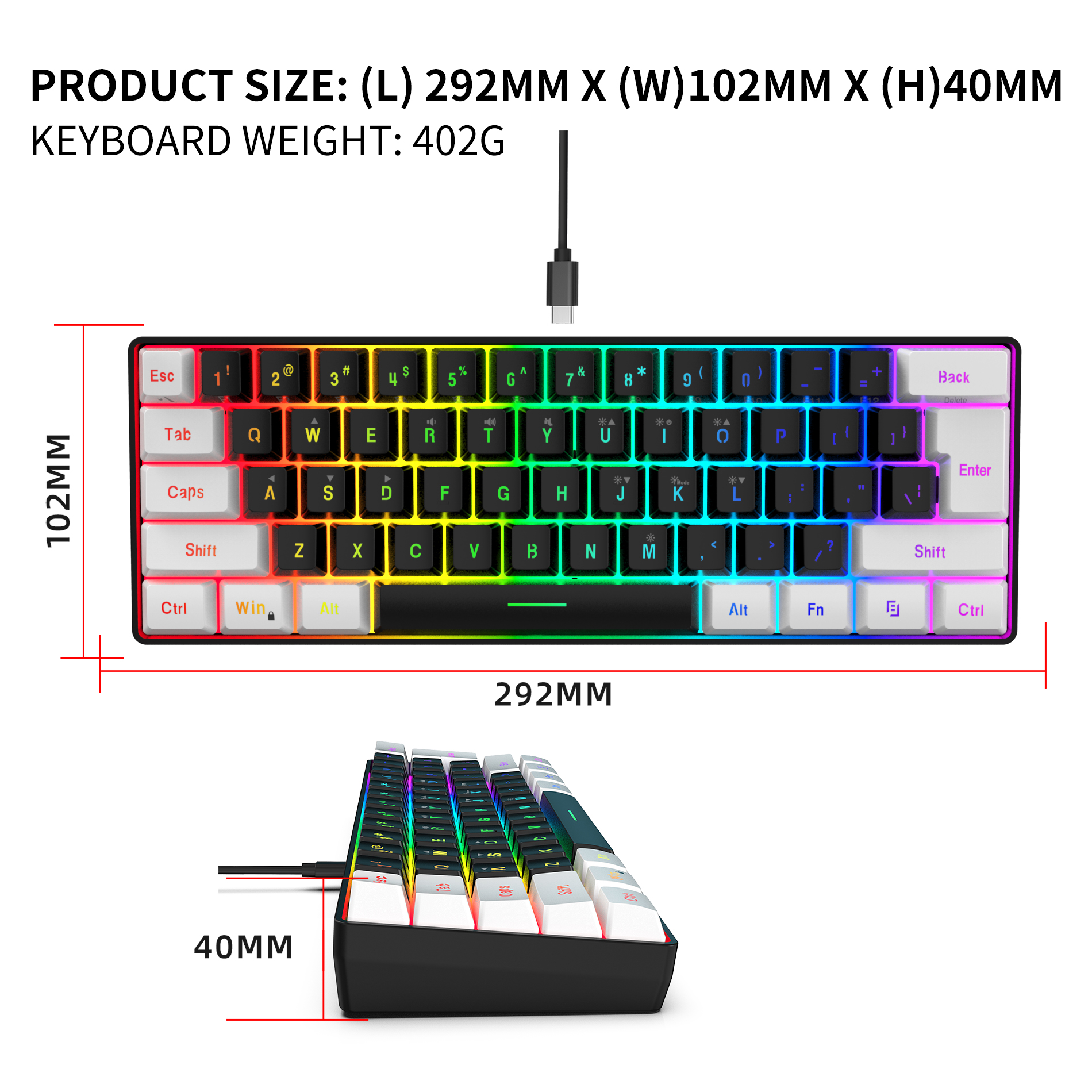 portable 61 key gaming keyboard 60% mini Gamer RGB backlit wired keyboard for laptop desktop computer pc