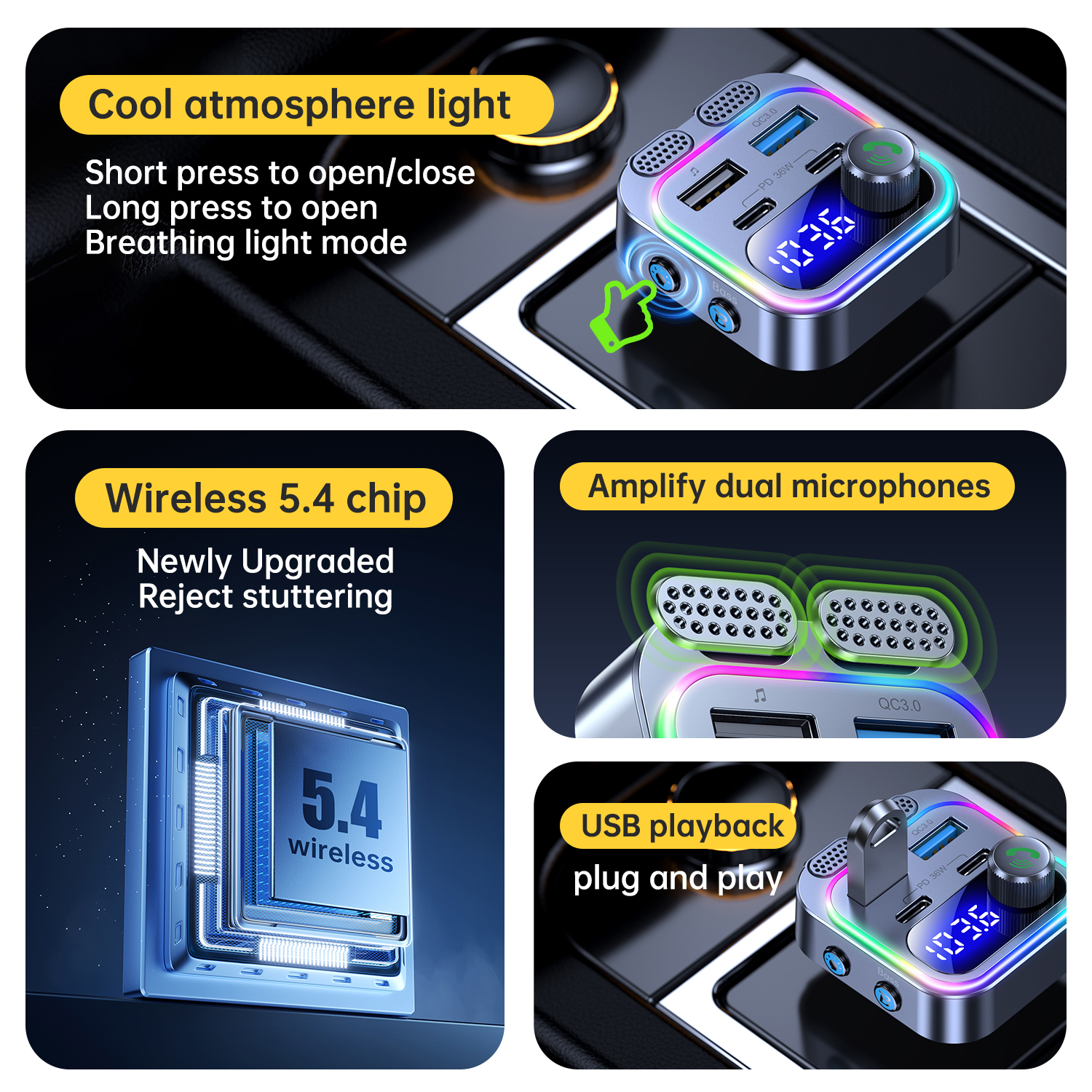 Schnelles Autoladegerät, Bluetooth 5.4, FM-Sender, kabelloses Radio, Freisprechen, tiefer Bass, Autoladegerät, Dual-USB, C, PD, 36 W