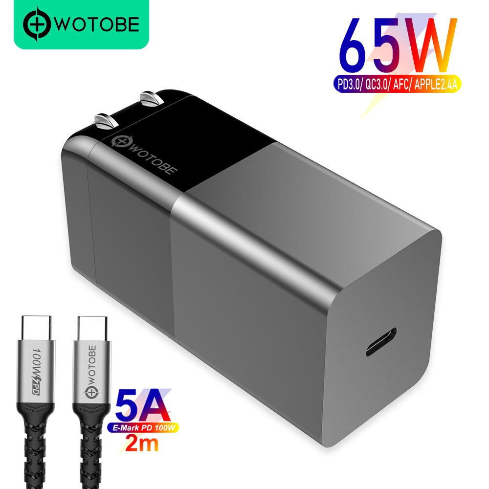 Wotobe Gan Lader, usb C Pd 65W 20W QC3.0 Voor Type C Laptops Ipad Iphone 13 /12/Se S10/S20/Note10/9 Xps Hp Lenovo Thinkpad: US and 100W Cable