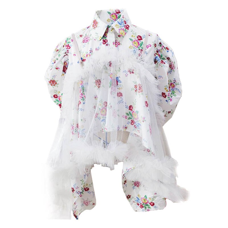 TWOTWINSTYLE-camisa de malla almazuela para mujer, cuello de solapa, Puff, estampado corto, Patchwork, volantes, dobladillo Irregular, tendencia femenina: S