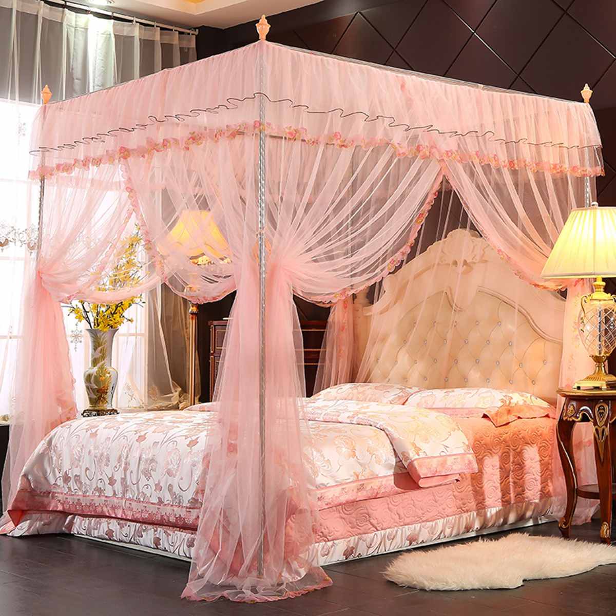 Estilo europeu 4 canto pós cama dossel mosquiteiro rede cheia cama decoração do quarto pendurado valance