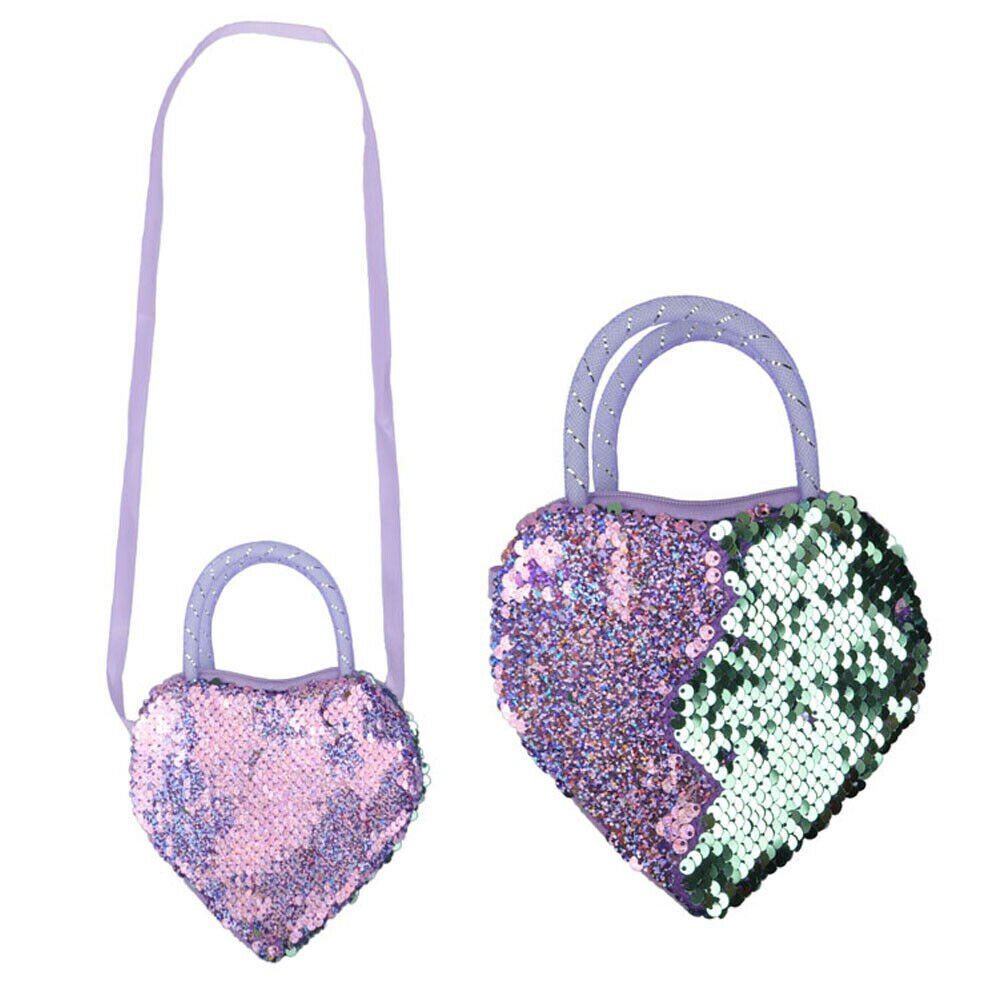 Sweet Girls Kid Sequin Heart Shaped Ribbon Long Strap Purse Coin Handbag Pocket Bag: B