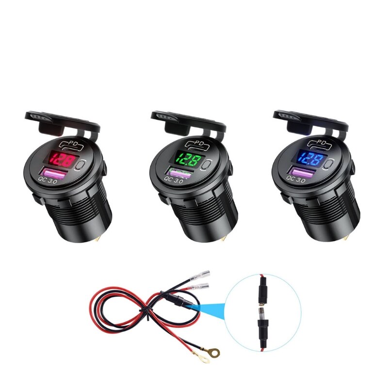 Waterdicht Type C Pd QC3.0 Usb 12V Auto Snelle Auto-oplader Met Led Voltmeter Op Uit Schakelaar Kabel Voor truck Motorfietsen Mari
