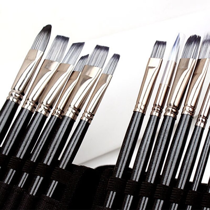 Set van 15 olieverfkwasten, zwarte canvas tas met rits, schraper, spons en opbergdoos, aquarel-acrylpalet