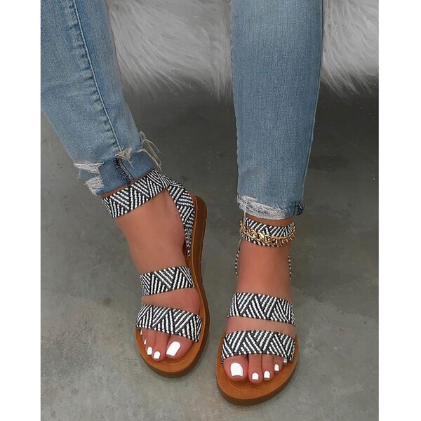 Sandales légères pour femmes, chaussures de plage d'été à une ligne, confortables, grande taille 37-42, collection sandales plates décontractées: Black and white / 8