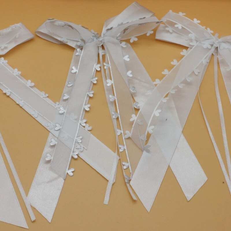Nœuds d&#39;antenne blancs avec pompon, décoration de voiture, nœuds de mariage en Satin M6CD faits à la main