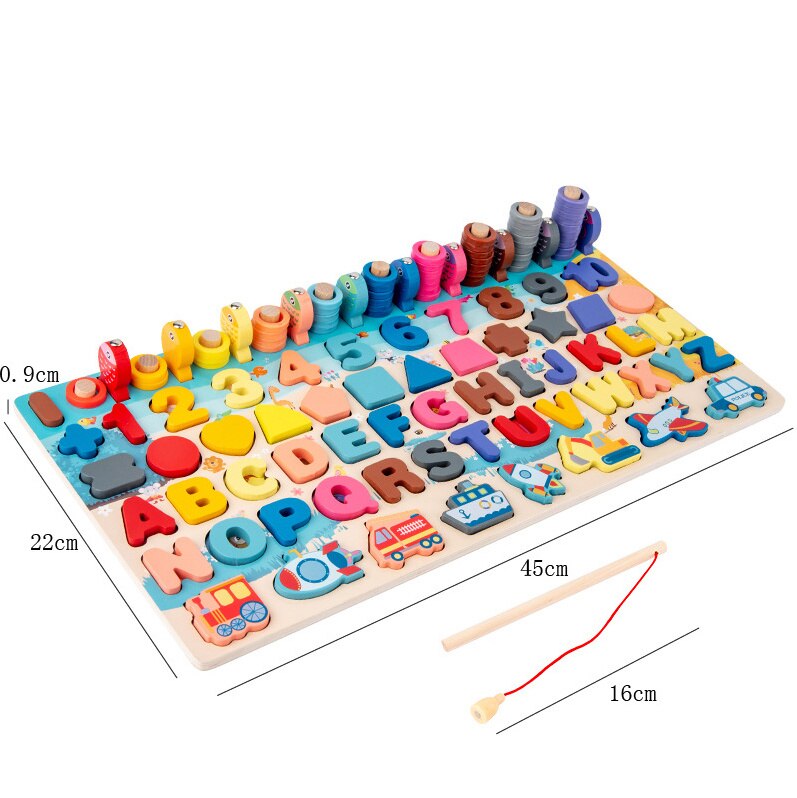 Montessori Educational Wooden Toys Children Busy Board Shape Color Math Matching Puzzle Magnetic Fishing Counting Toys: Eight in One