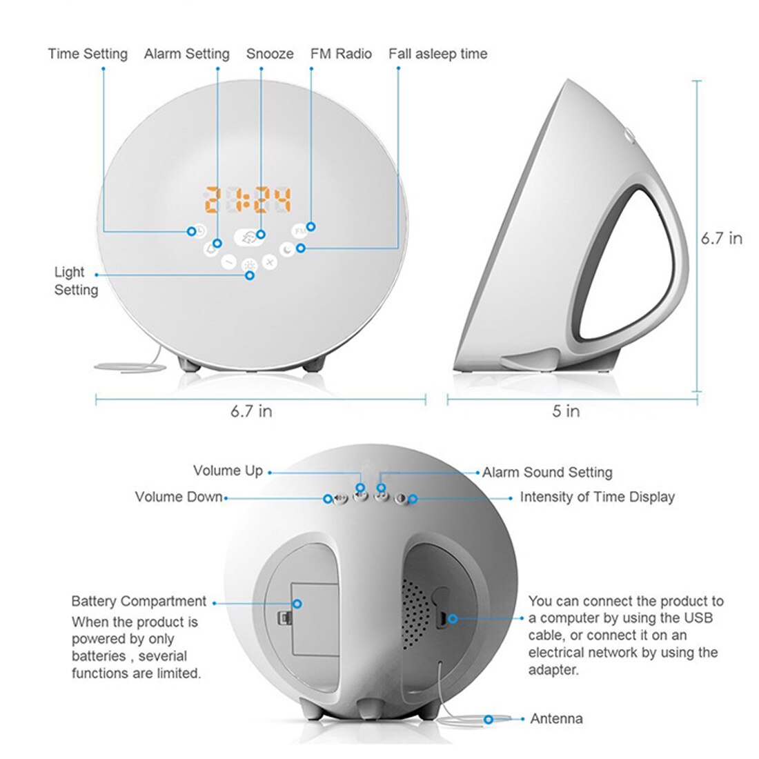 1PCS LED Wake Up Light Alarm Clock Touch Sensing Digital Alarm Clock Sunset With FM Radio Colorful Light Mode Nature Sound