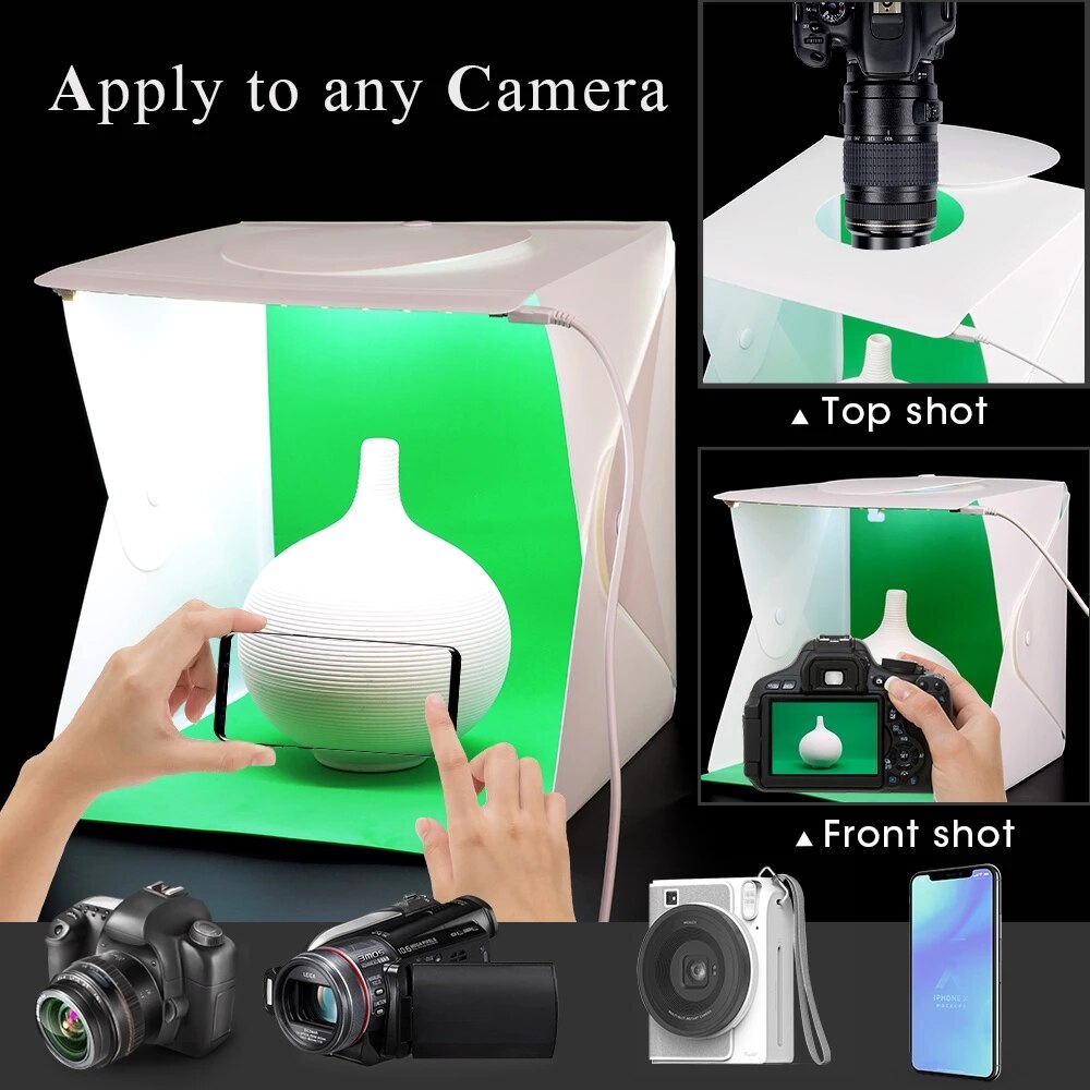 Boîte à lumière LED 40CM, Mini Studio de photographie Portable, Kit de fond et 6 arrière-plans de couleurs, boîte à lumière USB pour téléphone DSLR