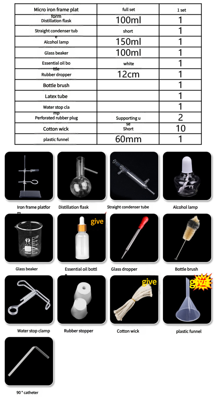 100ml Lab Essential Oil Distillation Apparatus Water Purifier Glassware Home Distiller 13pcs Kits
