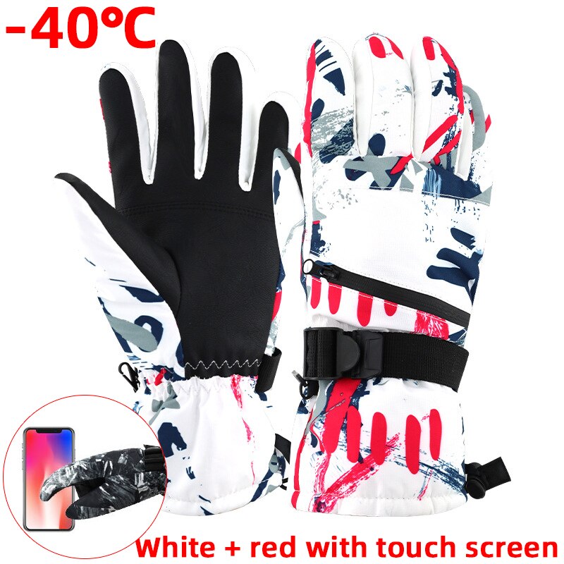 Guantes de esquí para hombre, manoplas de lana para Snowboard, Motociclismo de invierno, resistentes al viento, impermeables, Unisex, con pantalla táctil: Red and white / L