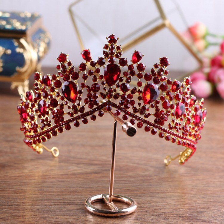 Luxe gouden rode strass bruids tiara's kroon vintage barok kristal diadeem voor bruiden hoofdbanden bruiloft haaraccessoires: Grote rode