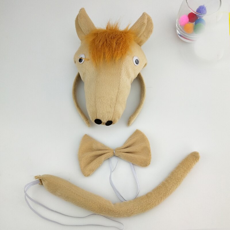 Volwassen Dier 3D Paard Hoofdband Bow Tie Tail Cosplay Kostuum Set Prestaties Props Party Kerstmis Halloween Kostuum Voor Kinderen: headband tail tie