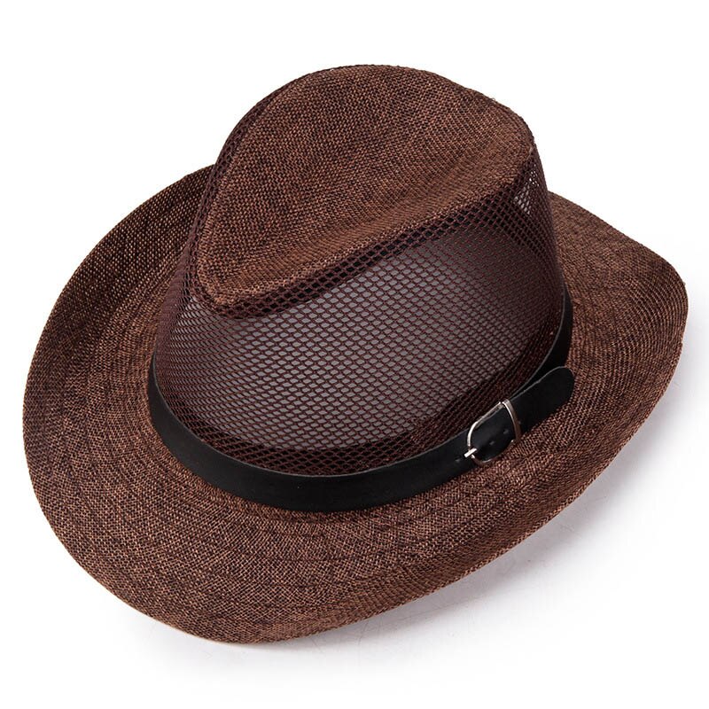 Summer Men Breathable net Cowboy Hat Wide Brim Travel Sun Hat Women Western Wide Curling Brim Cap Sun Protection Unisex Hats: Coffee