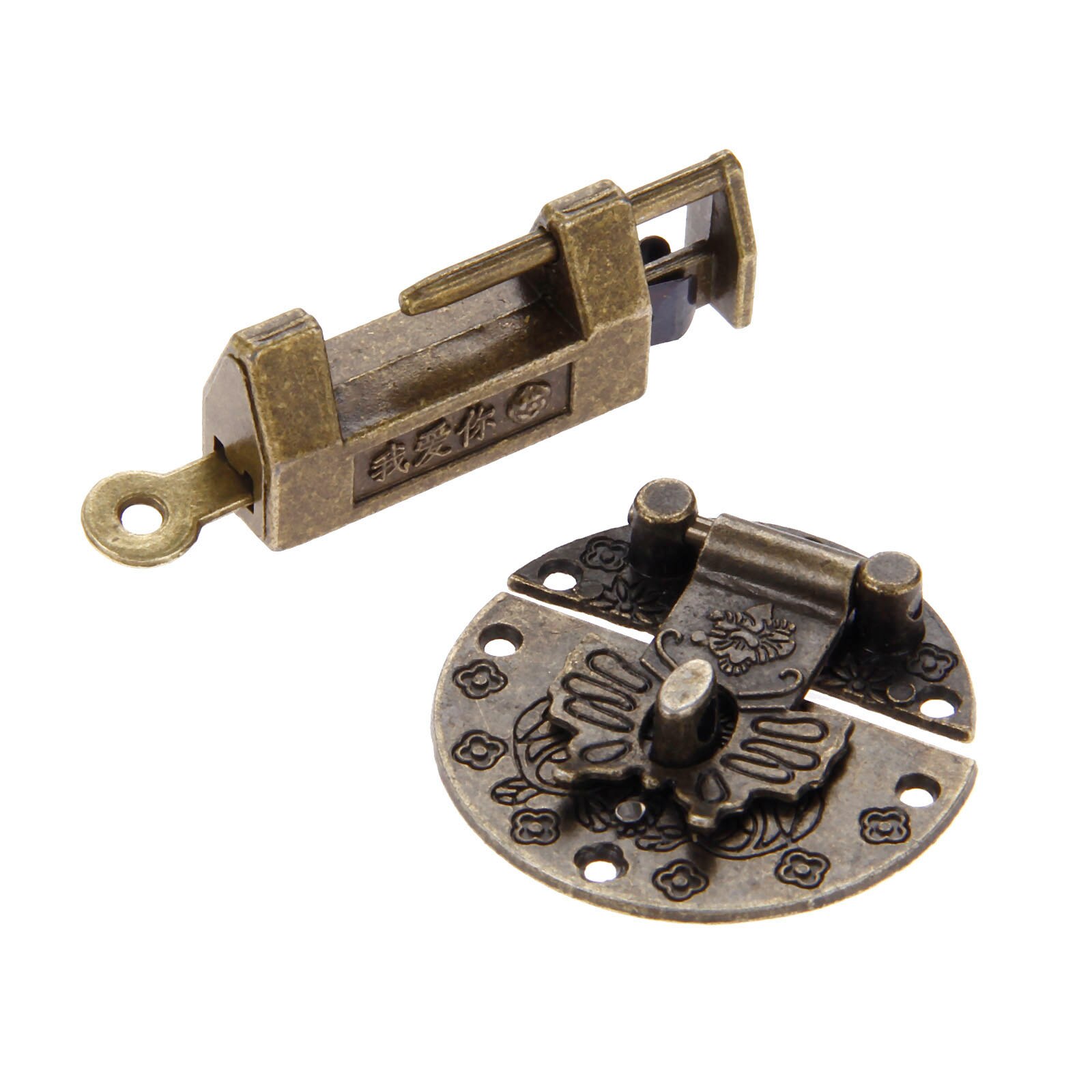Antiek Brons Houten Doos Hangslot Chinese Oude Slot Met Vintage Box Klink Hasp Meubelen Gespsluiting Lock Hardware