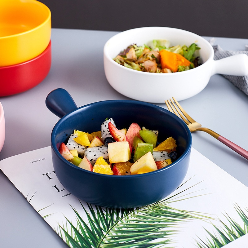 Ceramic Tableware Single Handle Baking Plate Rice Bowl Household Dish Breakfast Bowl Net Red Baking Bowl Steak Plate