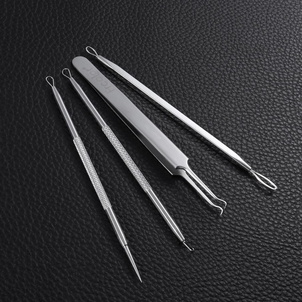 Frcolor 4pcs Blackhead Remover Pimple Comedone Extractor Tool Best Acne Removal Extraction Kit with Black Leather Case