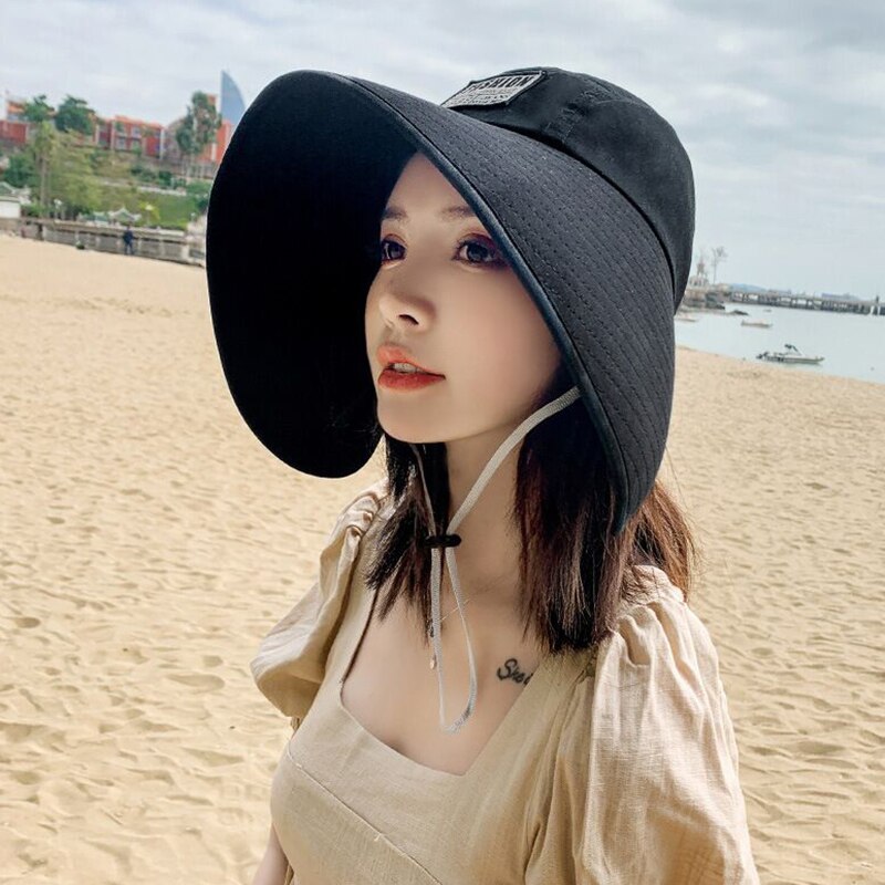 Sombrero de Sol de ala ancha anti-UV para mujer, visera de cara completa para vacaciones de verano, sombrero de cubo plegable de Panamá, sombrero de sol de playa coreano de ala grande,: Black