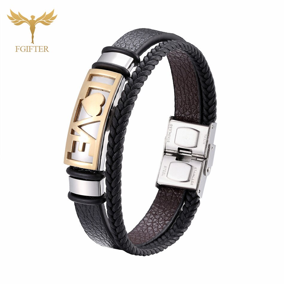 Pulseras románticas de amor para pareja de hombres y mujeres, pulsera de cuero de tejido multicapa, brazalete de acero inoxidable, joyería: Golden Bangle / 17 cm