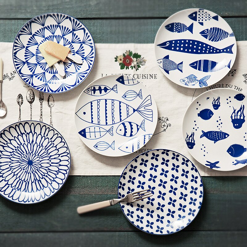 Blå og hvid keramisk salattallerken frugtbøf tallerken porcelænsservice rund western madbakke dessertretter
