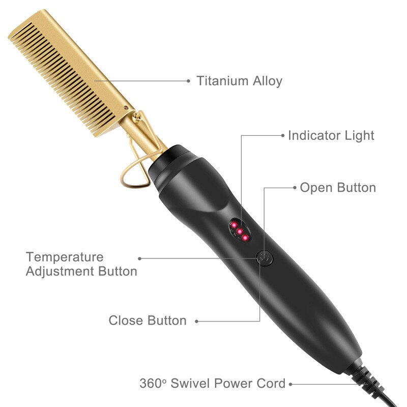 Electric Comb Hair Straightener Beard, Anti Scald Comb Hair Straightener 110-240V Gold for Women and Men
