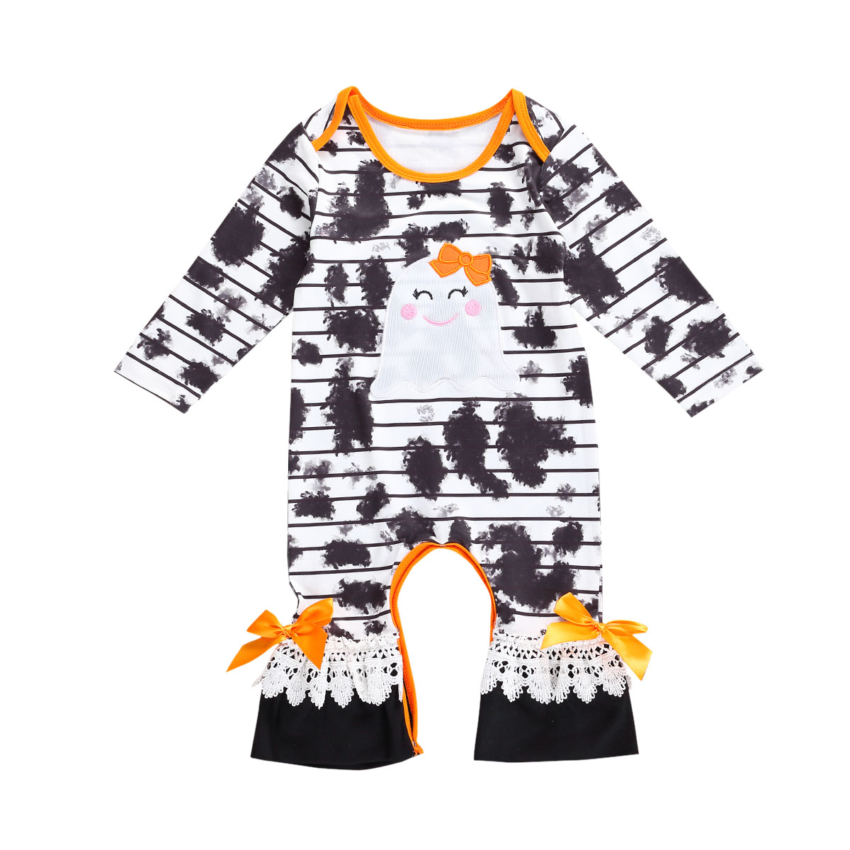 FOCUSNORM Herbst Baby Mädchen Jungen Rompers Halloween binden-Farbstoff gedruckt lang Ärmel Rüschen Jumpsuits Outfits