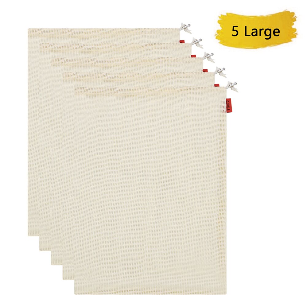 Biologisch katoenen netzak, herbruikbare netzakken voor groenten en fruit, milieuvriendelijke groente- en fruitboodschappentas met trekkoord: 5 grote