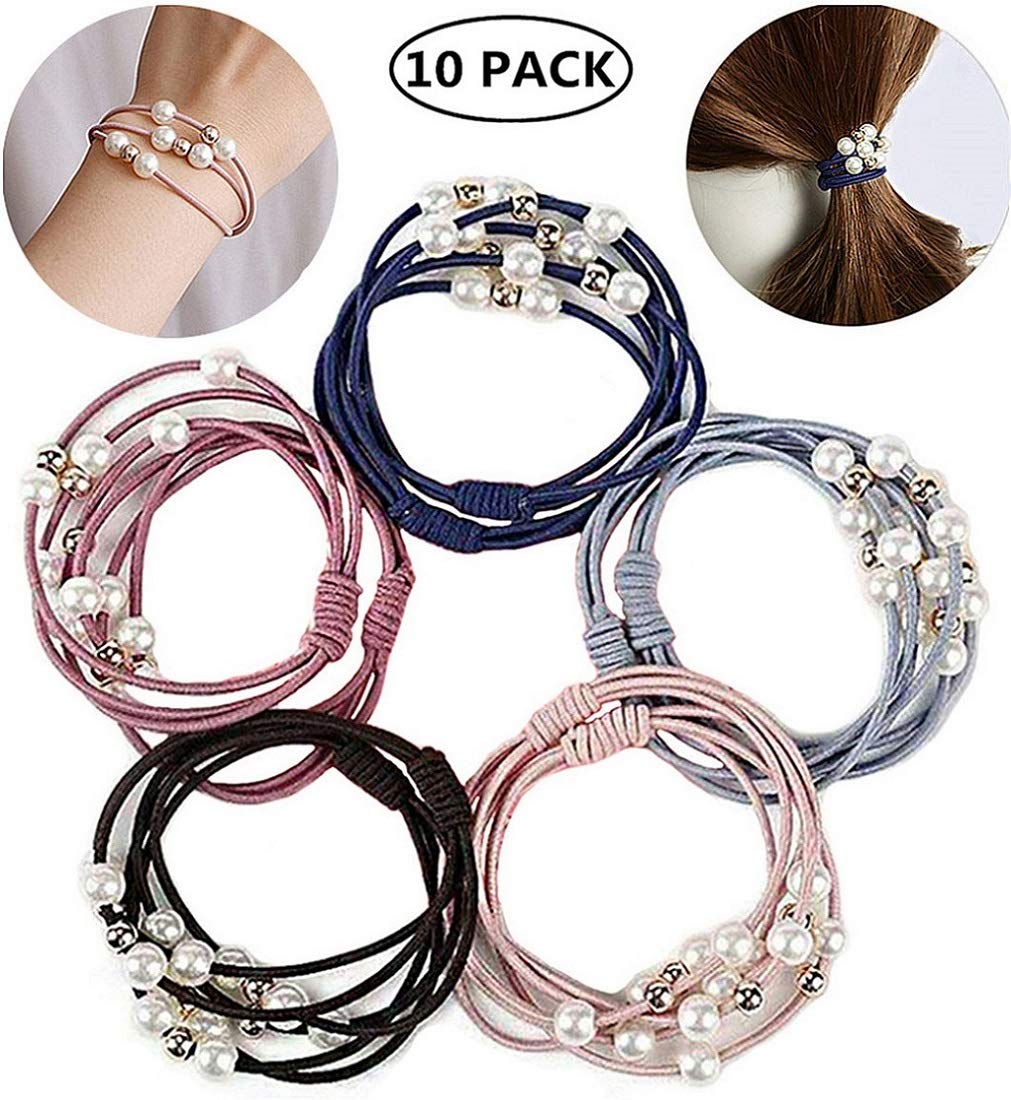 Ensemble de 5 anneaux de perles pour filles, haute élasticité, corde de tête, bandeau en caoutchouc, accessoires de cheveux pour enfants, couvre-chef pour femmes