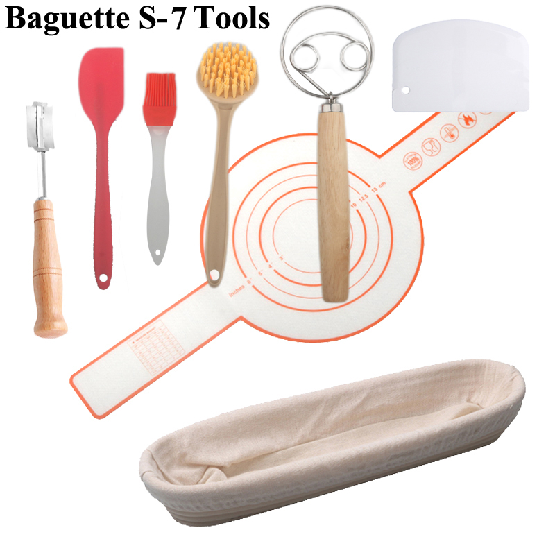 Bread Basket Set Kitchen Banneton Natural Rattan Basket With Linen Cover 7 Pcs Tools Sourdough Baking Tool Bread Proofing Basket: Brown