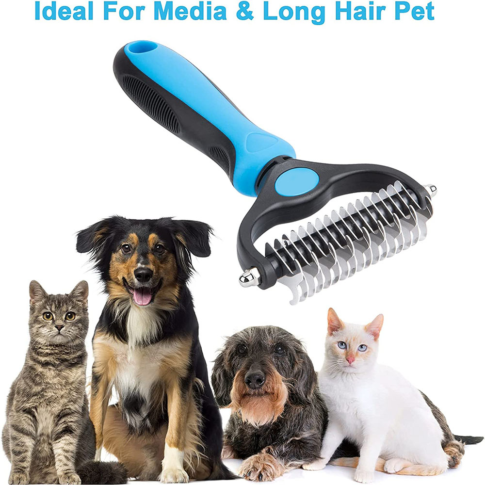 Cepillo para mascotas de 2 caras, rastrillo para capa inferior de perros y gatos, cepillo para perros, peine para Deshedding y Dematting, herramientas para perros