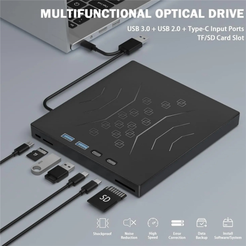 ELECT-7-in-1 externer CD-/DVD-Laufwerk-Player USB3.0 Tragbares externes Festplattenspiel mit optischem Laufwerk CD-Brenner für PC Laptop