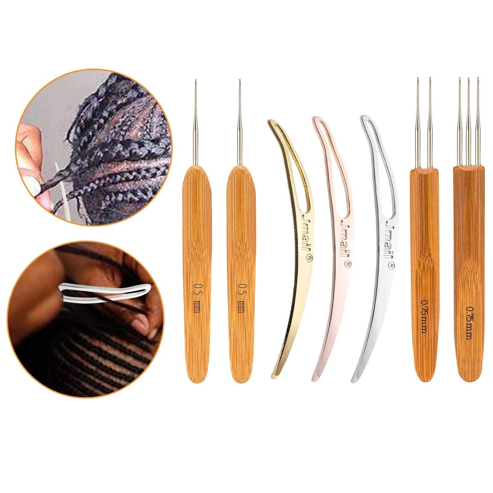 7 stk/sett profeesional dreadlock heklet bambus håndtak krok 0.5mm 0.75mm 1- kroker 2- kroker 3- kroker nål for dreads lås nål